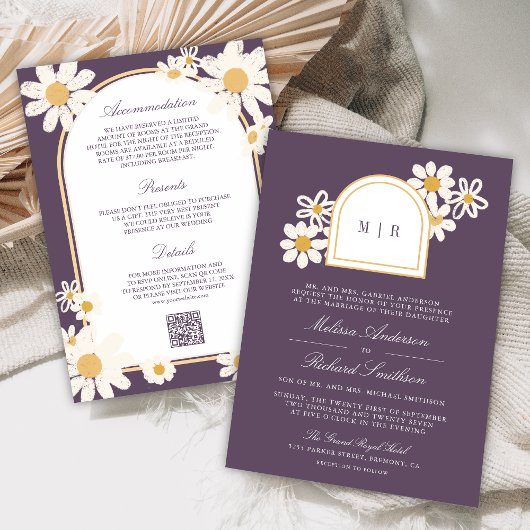 Dusty Purple Retro Yellow Daisy All in One Wedding Kaart