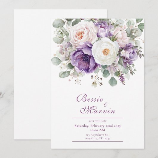 Dusty Purple Rose Peony Eucalyptus Watercolor Kaart (Voorkant / Achterkant)