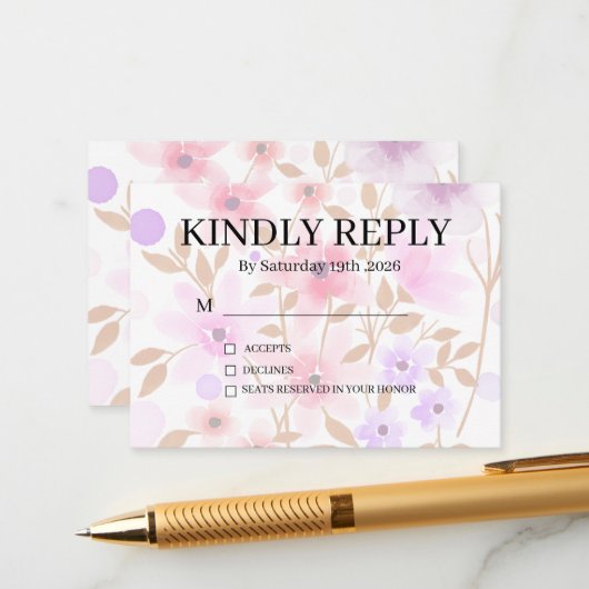 Dusty Purple Silver Gray Floral Rustic RSVP Card Informatiekaartje (Voorkant / Achterkant in situ)