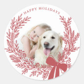Dusty Red Christmas Wreath Foto Ronde Sticker (Voorkant)
