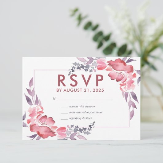 Dusty Red Waterverf Spring Flower Floral Wedding RSVP Kaartje (Staand voorkant)