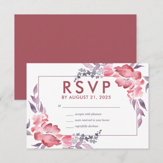 Dusty Red Waterverf Spring Flower Floral Wedding RSVP Kaartje (Voorkant / Achterkant)