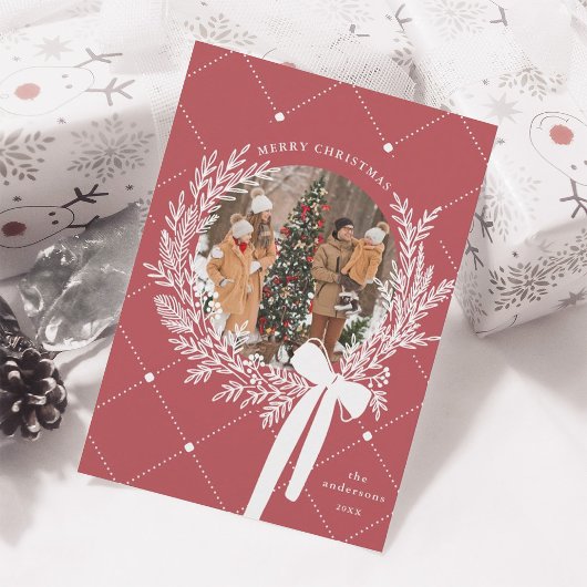 Dusty Red & White Christmas Wreath Foto Feestdagenkaart