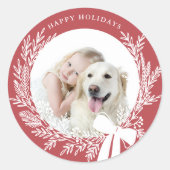 Dusty Red & White Christmas Wreath Foto Ronde Sticker (Voorkant)