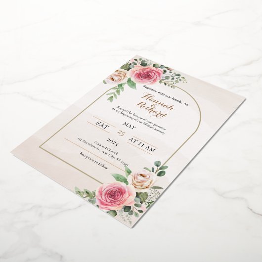 Dusty roos and blush floral bruiloftFoil Invitatio Folie Uitnodiging (Gedraaid)