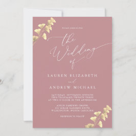 Dusty Roos and Gold Wedding Invitation Kaart
