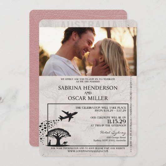 Dusty Roos Australia Passport Wedding Invitation Kaart (Voorkant / Achterkant)