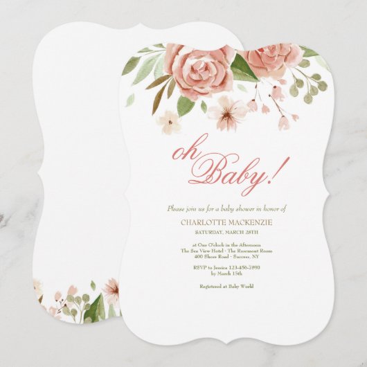 Dusty Roos Baby shower Invitation Kaart (Voorkant / Achterkant)