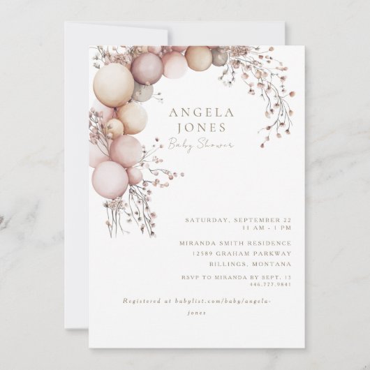 Dusty Roos Balloon Arch Baby shower Invitation Kaart (Voorkant)