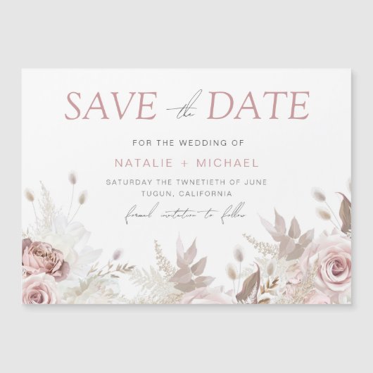 Dusty Roos Bloemen Blush Wedding Save the Date Magnetische Uitnodiging (Voorkant)