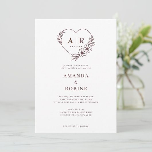 Dusty Roos Bloemen Hart Huwelijksuitnodiging Kaart (Staand voorkant)