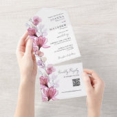 Dusty Roos Bloemen Monogram QR Code Trouwen All In One Uitnodiging (Afscheurbaar)