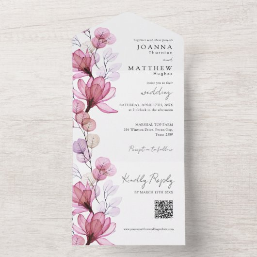 Dusty Roos Bloemen Monogram QR Code Trouwen All In One Uitnodiging (Binnen)