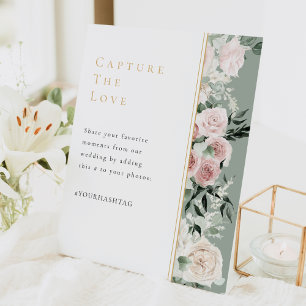 Dusty Roos Bloemen Sage Groen Bruiloft Hashtag Reclamebord Met Voetstuk