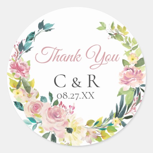 Dusty Roos Bloemenkrans Gepersonaliseerde bruiloft Ronde Sticker (Voorkant)