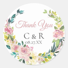 Dusty Roos Bloemenkrans Gepersonaliseerde bruiloft Ronde Sticker