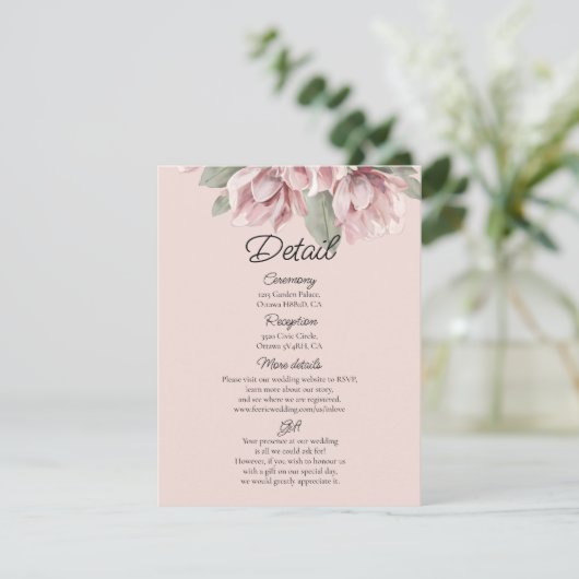 Dusty Roos Blush Bloemen bruiloft details Informatiekaartje (Staand voorkant)