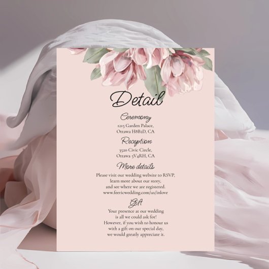 Dusty Roos Blush Bloemen bruiloft details Informatiekaartje