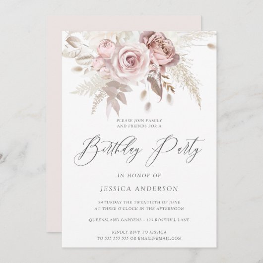Dusty Roos Blush Boho Ivory Floral Birthday Party Kaart (Voorkant / Achterkant)