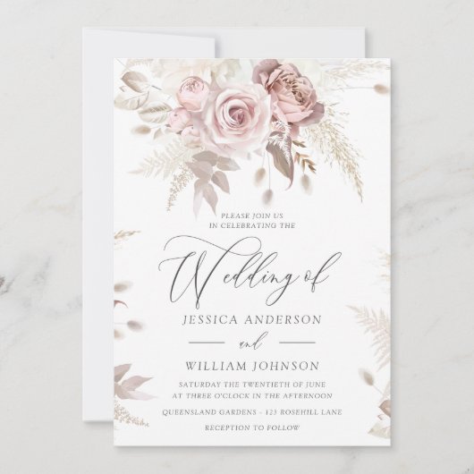 Dusty Roos Blush Boho Pink Floral Wedding Kaart (Voorkant)