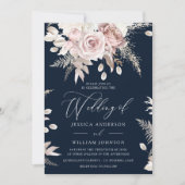 Dusty Roos Blush Boho Pink Floral Wedding Navy Kaart (Voorkant)