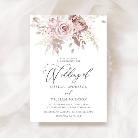 Dusty Roos Blush Boho Pink Ivory Floral Wedding Kaart