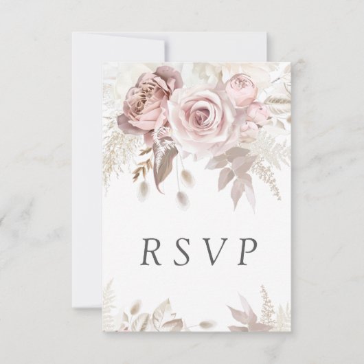 Dusty Roos Blush Boho Pink Ivory Floral Wedding RSVP Kaartje (Voorkant)