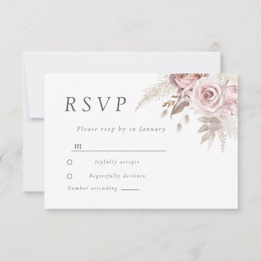 Dusty Roos Blush Boho Pink Ivory Floral Wedding RSVP Kaartje (Achterkant)