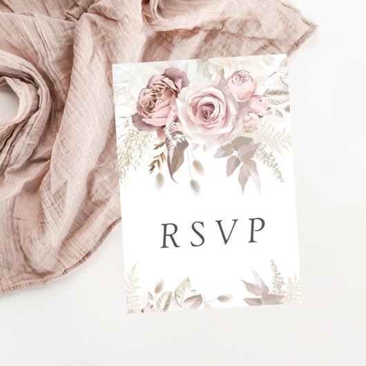 Dusty Roos Blush Boho Pink Ivory Floral Wedding RSVP Kaartje