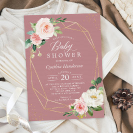 Dusty Roos Blush Floral Gold Geometric Baby shower Kaart