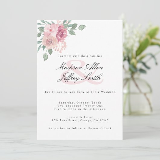 Dusty Roos Blush Floral Wedding Aankondiging (Staand voorkant)