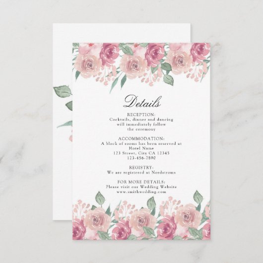 Dusty Roos Blush Floral Wedding Details Informatiekaartje (Voorkant / Achterkant)