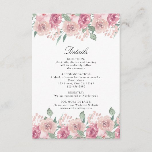 Dusty Roos Blush Floral Wedding Details Informatiekaartje (Voorkant)