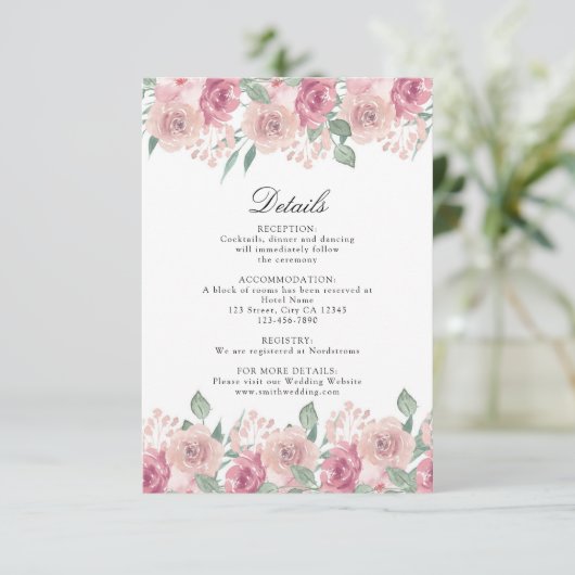 Dusty Roos Blush Floral Wedding Details Informatiekaartje (Staand voorkant)