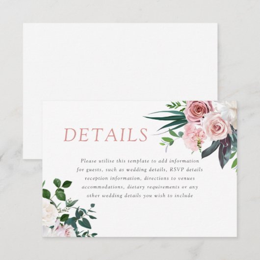 Dusty Roos Blush Floral Wedding Reception Details Informatiekaartje (Voorkant / Achterkant)