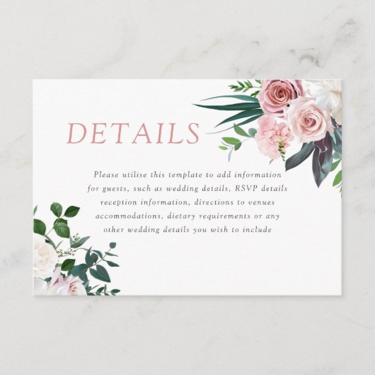 Dusty Roos Blush Floral Wedding Reception Details Informatiekaartje (Voorkant)
