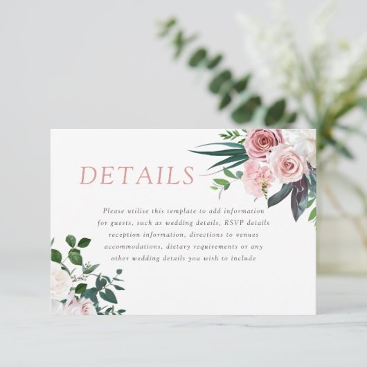 Dusty Roos Blush Floral Wedding Reception Details Informatiekaartje (Staand voorkant)