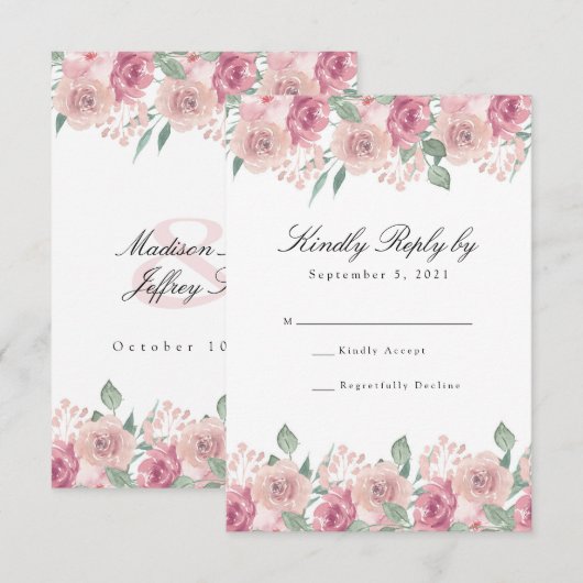Dusty Roos Blush Floral Wedding RSVP Kaartje (Voorkant / Achterkant)
