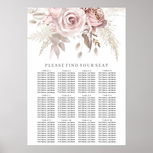 Dusty Roos Blush Floral Wedding Seating Chart Poster (Voorkant)