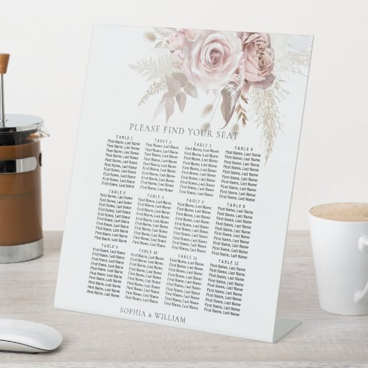 Dusty Roos Blush Floral Wedding Seating Chart Reclamebord Met Voetstuk (Insitu)