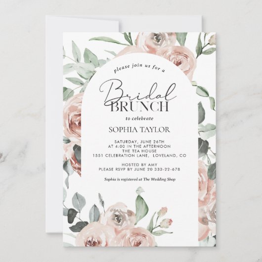 Dusty Roos Blush Pink Eucalyptus Bridal Brunch Kaart (Voorkant)