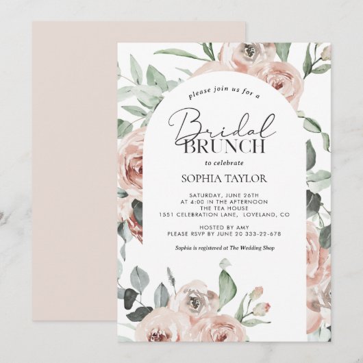 Dusty Roos Blush Pink Eucalyptus Bridal Brunch Kaart (Voorkant / Achterkant)