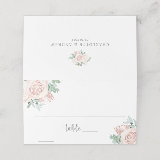 Dusty Roos Blush Pink Eucalyptus Greenery Wedding Plaatskaartje (Buitenkant ongevouwen)