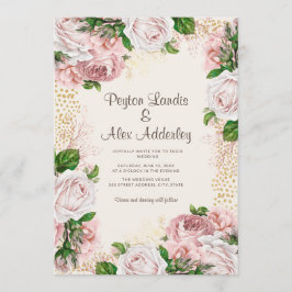 Dusty Roos Blush Pink Floral Gold Glitter Weddensc Kaart