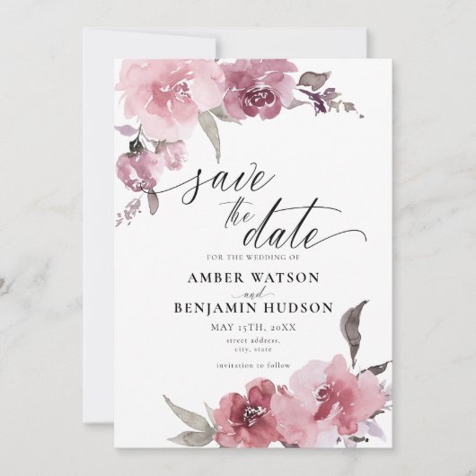 Dusty Roos Blush Pink Floral Save the Date Kaart (Voorkant)