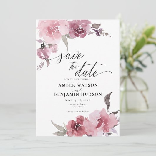 Dusty Roos Blush Pink Floral Save the Date Kaart (Staand voorkant)