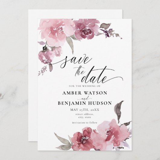 Dusty Roos Blush Pink Floral Save the Date Kaart (Voorkant / Achterkant)
