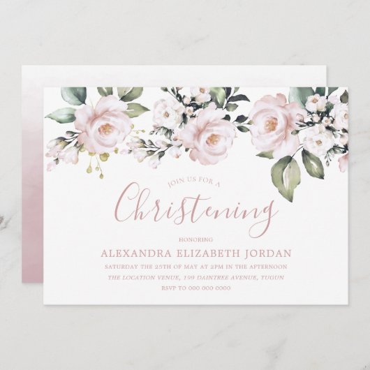 Dusty Roos Blush Pink Flowers Christening Baptisme Kaart (Voorkant / Achterkant)