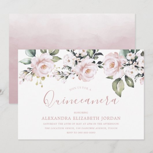 Dusty Roos Blush Pink Flowers Quinceanera Party Kaart (Voorkant / Achterkant)