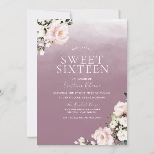 Dusty Roos Blush Pink Flowers Sweet 16 Party Kaart (Voorkant)